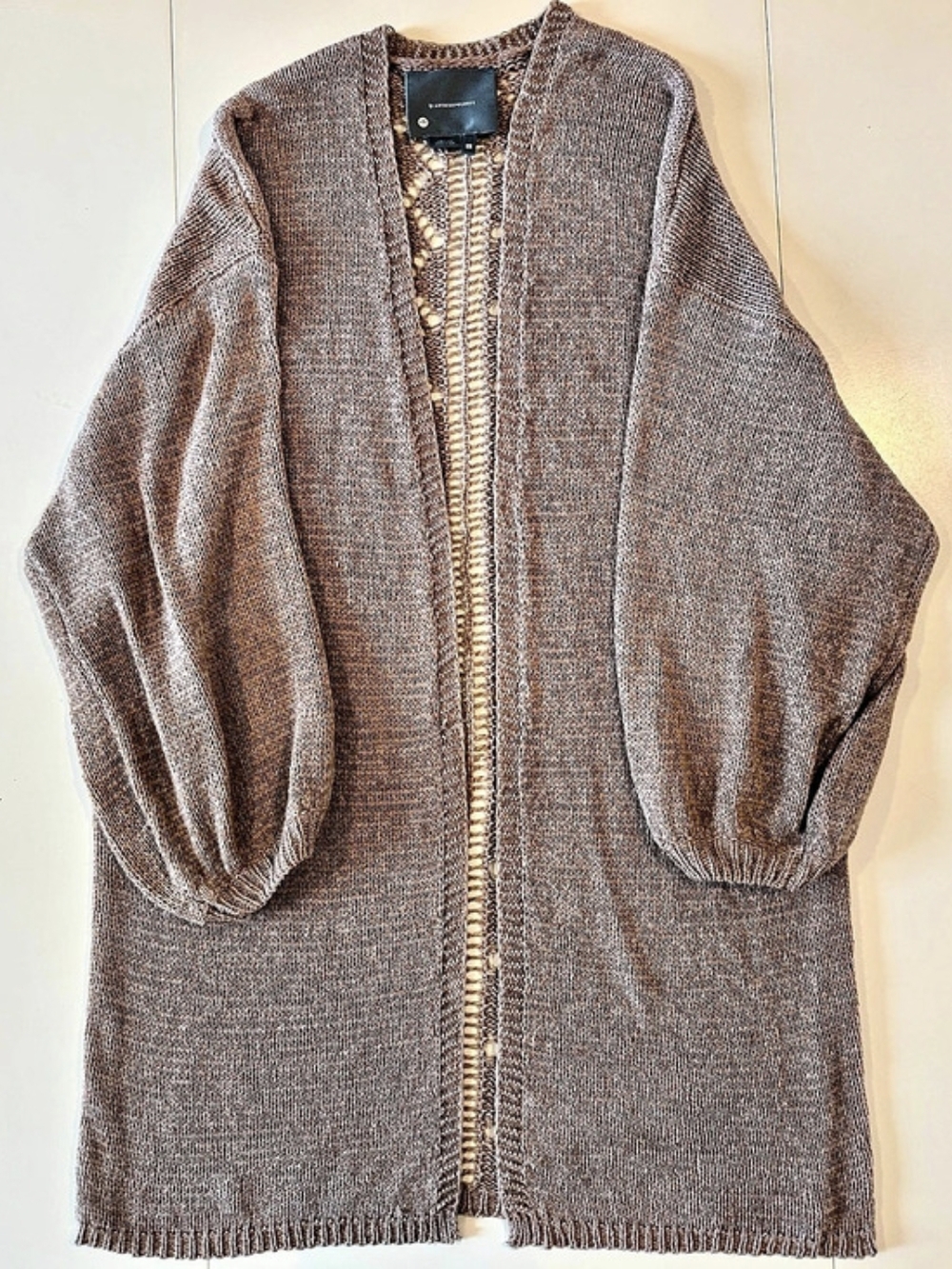 Anthropologie Open Front Geometric Knit Cardigan in Brown